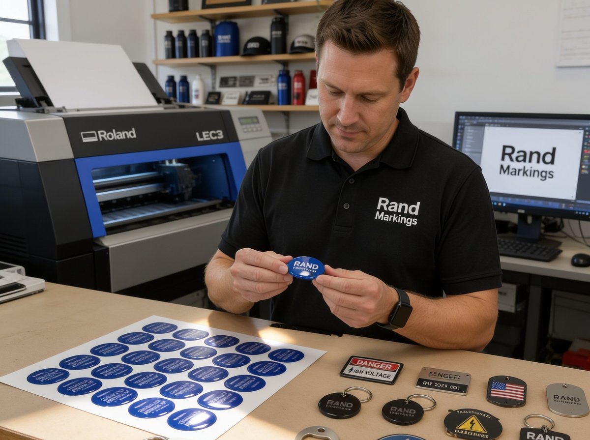 Domed resin labels, keyrings and nameplates made by Rand Markings in our Hull workshop