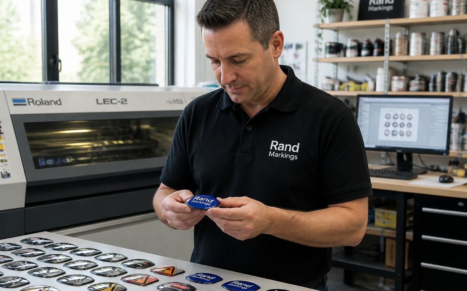 A Rand Markings team member at the Roland printer inspecting a custom domed resin badge in our Hull workshop